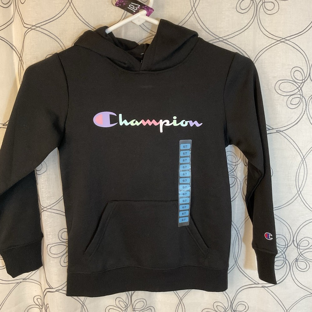 NWT Champion Girls Rainbow Script‎ Logo Hoodie Black Size 6/7